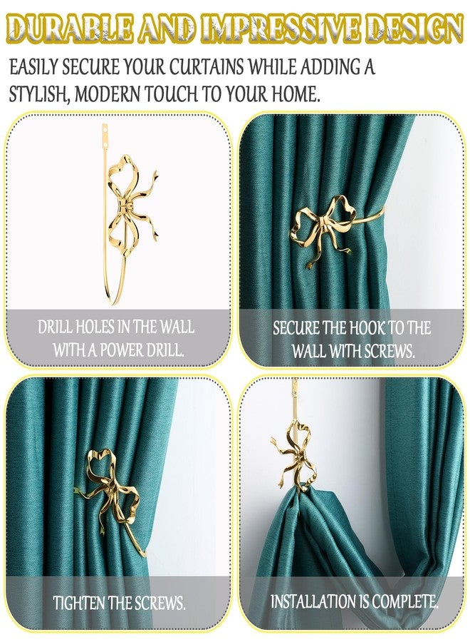 Otoolling 2 Pack Metal Bow Curtain Holdbacks Gold Wall Mounted Curtain Hold Backs Curtains Modern Tiebacks Decorative Window Drapery Tiebacks with Bow Finials for Living Room Bedroom Office Home - Image 5